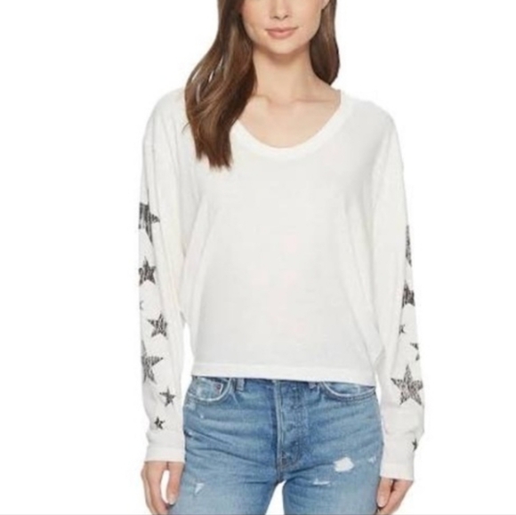 Free People Melrose Graphic Tee Long Sleeve ScoopNeck Crackle Stars XS White NWT - Picture 13 of 15